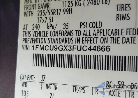 2015 Ford Escape Se from USA, damaged, VIN 1FMCU9GX3FUC44666